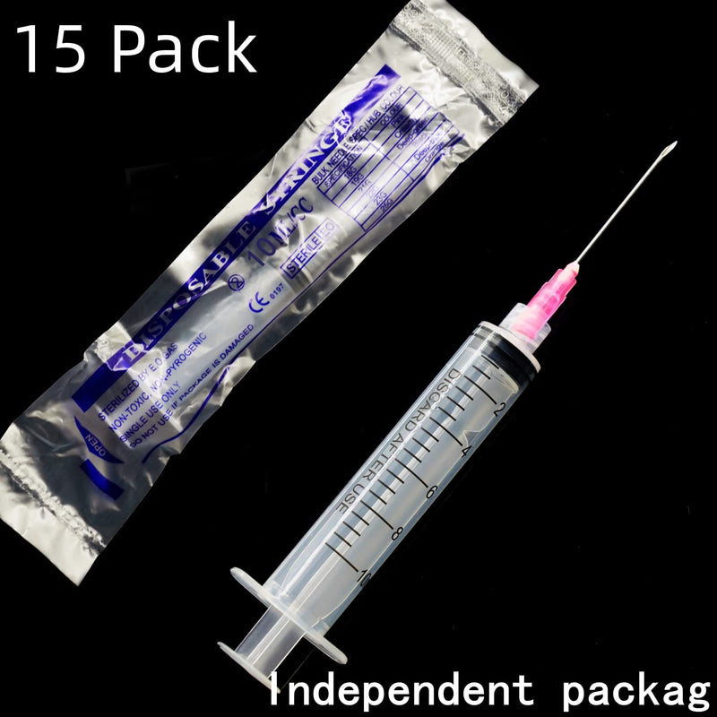 15Pack 10ml 10cc Plastic Measurement Syringes and 18Ga for Scientific Labs, Industrial Adhesives, Pet and Animal Injector, Individually Package