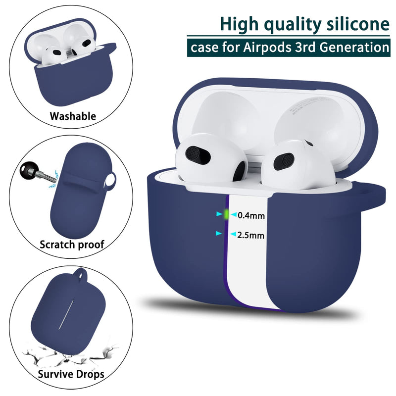R-fun AirPods 3 Case Cover, Silicone Protective Accessories Skin with Keychain Compatible with Apple AirPod 3rd Generation 2021 for Women Men Girls Boys,Front LED Visible-Midnight Blue A-Midnight blue