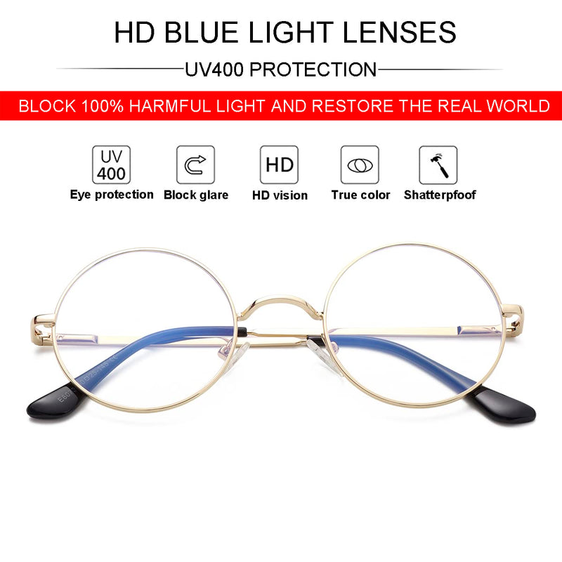 JOVAKIT Retro Round Blue Light Blocking Glasses for Women Men Circle Clear Lens Glasses Non-prescription Metal Frame Eyewear Gold 50 Millimeters