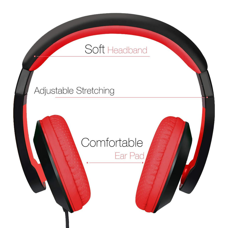 Rockpapa On Ear Stereo Headphones Earphones for Adults Kids Childs Teens, Adjustable, Heavy Deep Bass for MP3/4 DVD Smartphones Laptop Tablet in Car/Airplane Black/Red Black, Red