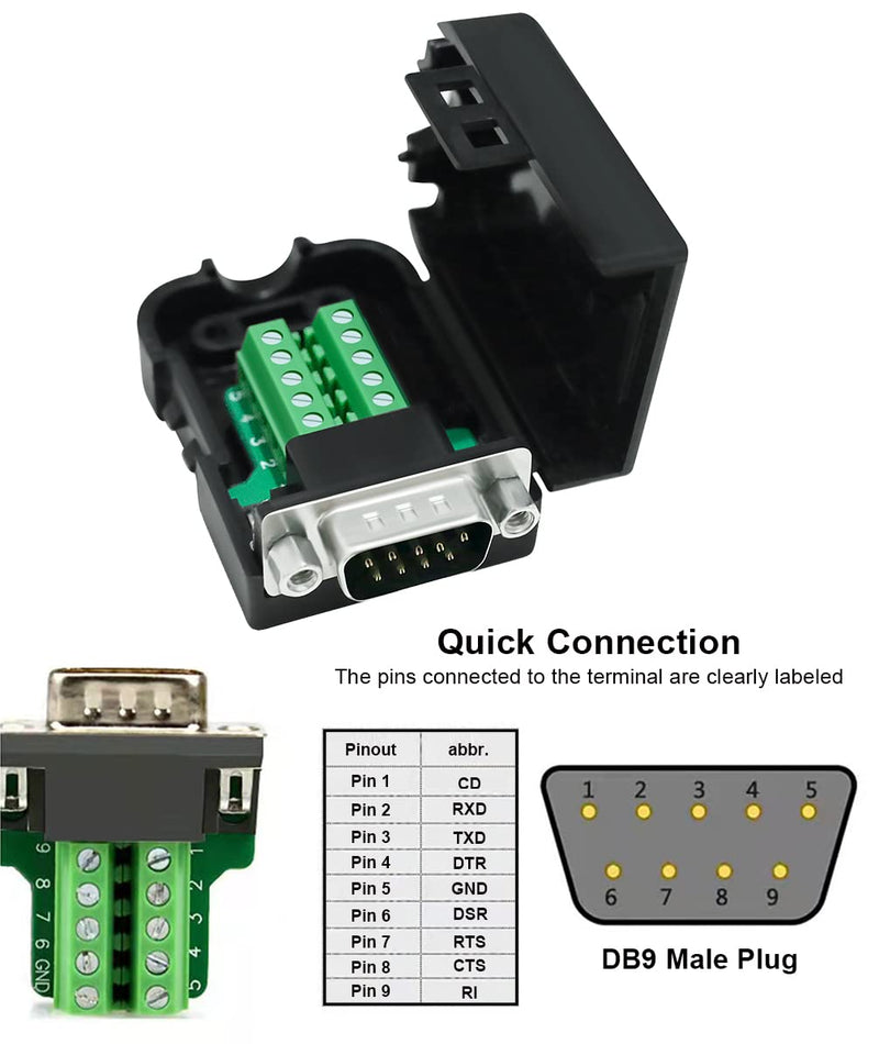 DTECH DB9 Breakout Connector DB-9 Male RS232 Serial Adapter Solderless Module Board with Terminals Block, Case, Nuts and Tail Pipes (DB9 Male + Nuts) DB9 male + nuts
