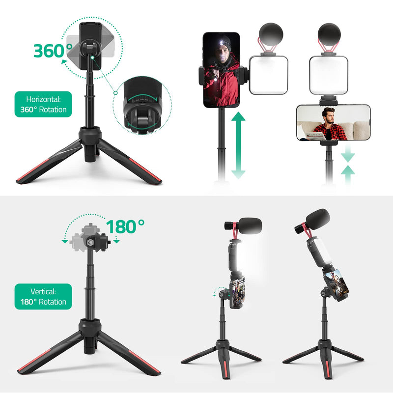 Smartphone Video Vlogging Kit with LED Light, Phone Holder, Microphone, Tripod Vertical & Horizontal Kit, Compatible with iPhone/Android, Content Creator Kit for YouTube Recording Facebook Live BLK