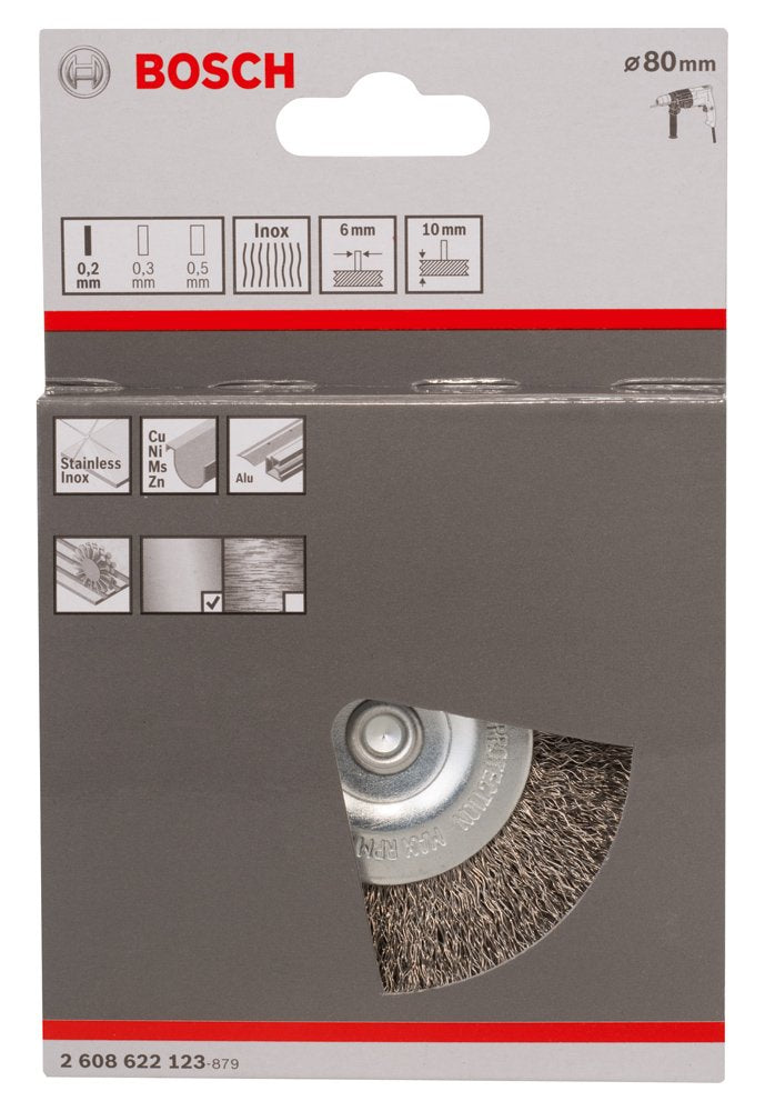 Bosch Professional disc brush, stainless steel, corrugated wire, 0.2 mm, 80 mm, 4 mm, 4500 rpm, 2608622123