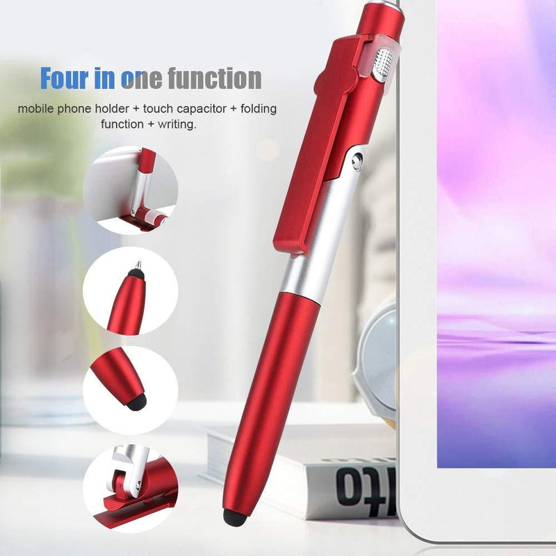 ASHATA Capacitive Pen, 4 in 1 Touch Screen Capacitive Ballpoint Pens with LED Light for Tablet,Foldable Capacitive Touch Pen Stylus Pen/Cell Phone Holder Stand(Red)