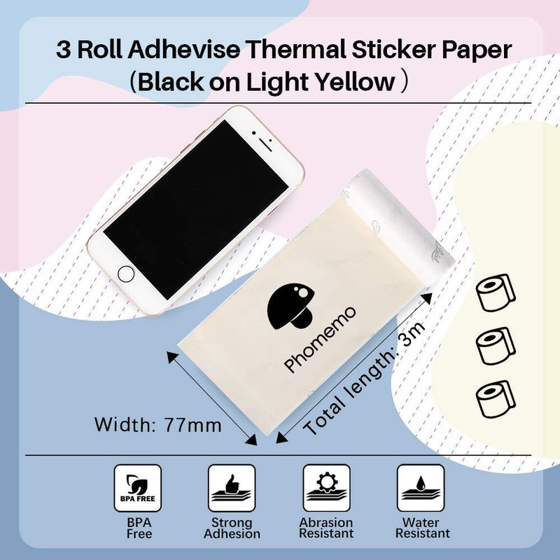 Phomemo 3 Roll Thermal Sticker Paper for Phomemo M03 Portable Photo Printer Notes Printer, Black on Ligth Yellow, 77mm x 3m, 3 Inch X 9.8 ft, 3 Roll Black,light Yellow