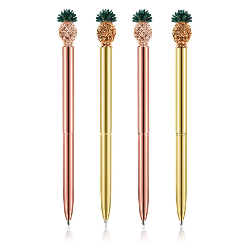 PASISIBICK Pineapple Pens,Bling Metal Ballpoint Pens with Green Leaf and Black Ink Refills（4PCS） 4 Green Leaf Pineapple Pens