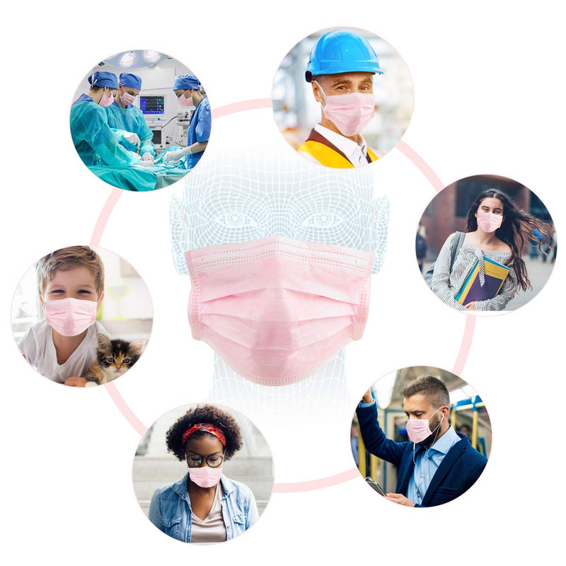 Wecolor 100 Pcs Disposable 3 Ply Earloop Face Masks, Suitable for Home, School, Office and Outdoors (Pink) 100 Count (Pack of 1) Pink