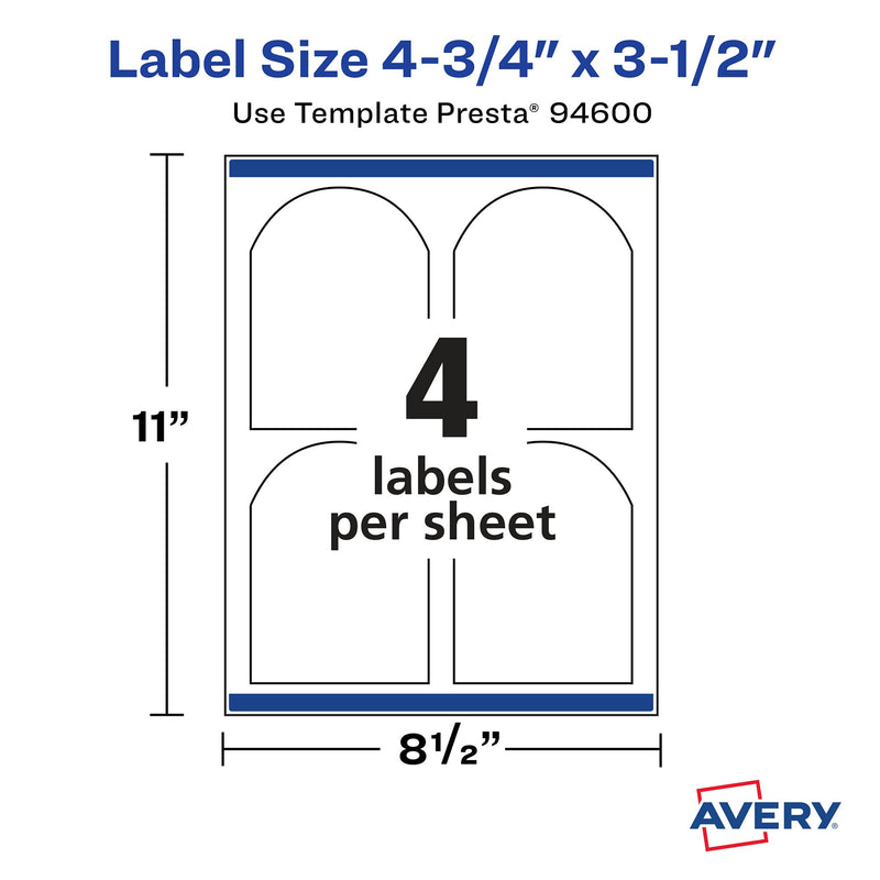 Avery Matte White Arched Labels with Sure Feed, 4.75" x 3.5", 100 Matte White Printable Labels 100 Labels