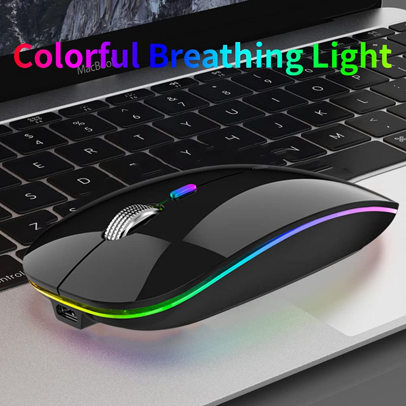 LED Wireless Mouse, Uiosmuph G12 Slim Rechargeable Wireless Silent Mouse, 2.4G Portable USB Optical Wireless Computer Mice with USB Receiver and Type C Adapter (Black) Black