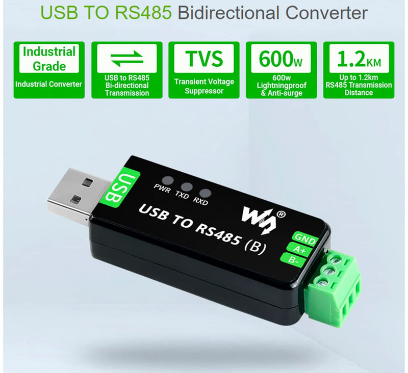 Industrial USB to RS485 Bidirectional Converter Onboard CH343G Chip, Multi-Protection Circuits 300bps-3Mbps Baudrate Support Linux,Android,Wince,Win10/8.1/8/7/XP, Up to 1.2km Transmission Distance