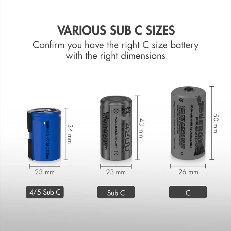 Tenergy 4/5 SubC 1300mAh NiCD Rechargeable Batteries with Tabs, 15 Pack
