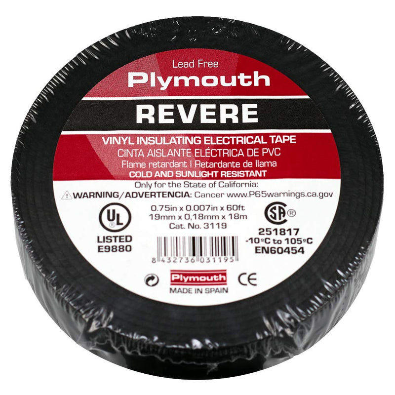 Plymouth Brand General Purpose Vinyl Electrical Tape, Black .75" x 60" 7mil 500V 1