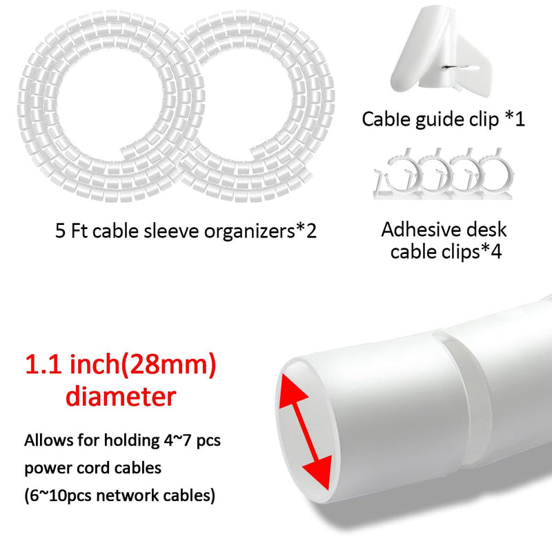 Fanoshon Large Cable Management White Computer Wire Sleeve Organizer Coiled Under Desk Tubes 2 PCS, 1.1 inch -5 ft EZ Spiral Cable Zipper Cover for TV Office, Pet Chew and Bite Proof Cable Protector 28MM-2PACK White 02