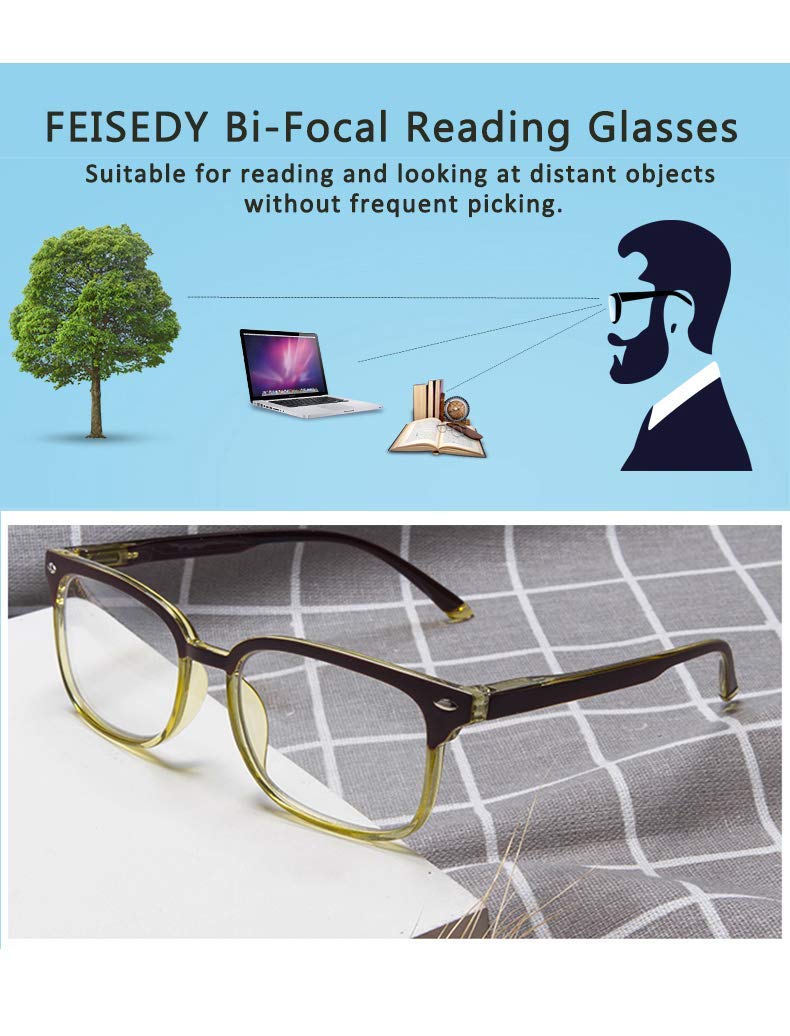 FEISEDY Progressive Multifocal Reading Glasses Blue Light blocking Reader Glasses TR90 Frame Women Men B2497 Brown-yellow 3.0 x