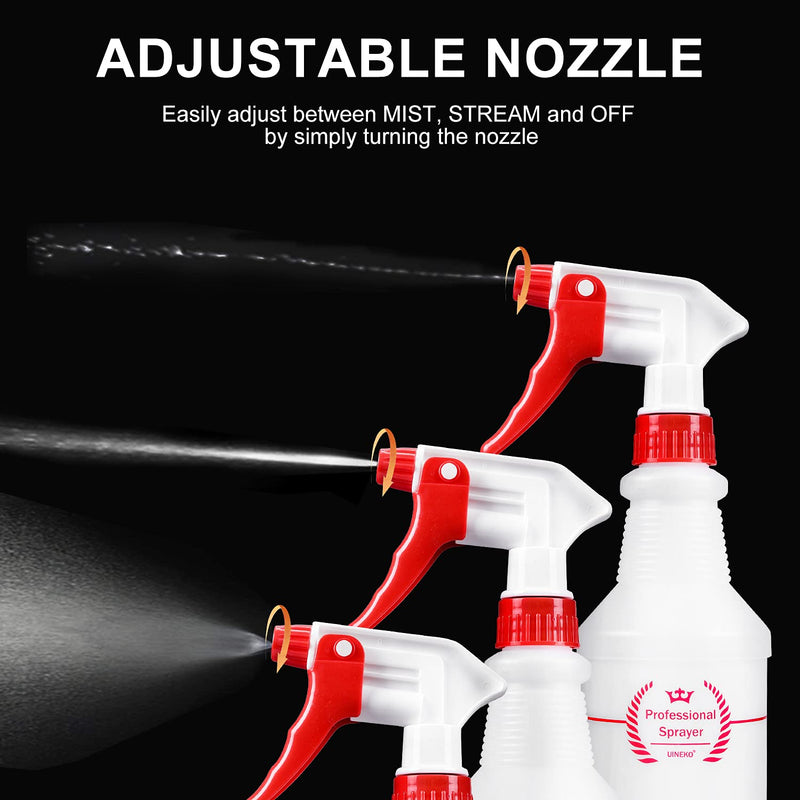 Uineko Plastic Spray Bottle (4 Pack, 16 Oz, All-Purpose) Heavy Duty Spraying Bottles Leak Proof Mist Empty Water Bottle for Cleaning Solution Planting Pet with Adjustable Nozzle and Measurements 16 Oz, 4 Pack