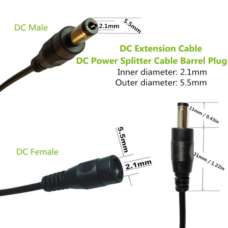 DZYDZR 1 Meter 2.1mm x 5.5mm DC 12V Adapter Cable DC Plug Extension Cable + 2pcs 2 Way Splitter Cable Male to Female Black, for LED, CCTV, Car, Monitors