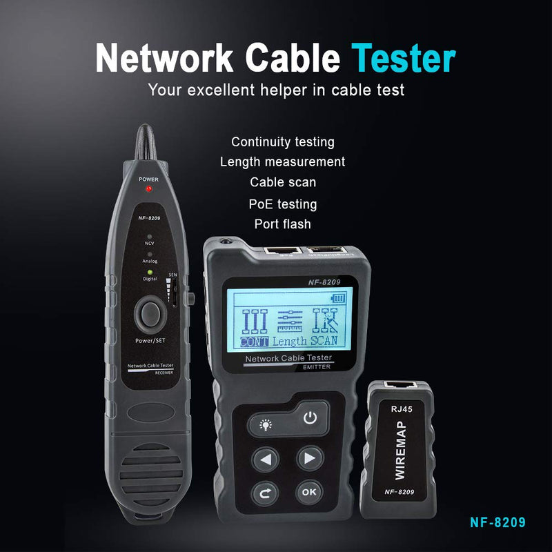 Network Cable Tester RockyMars NF8209, Wire Tracker with PoE Testing, Port Flash, Cable scan, Length Measurement, and Continuity Testing Function for CAT5e/CAT6/CAT6a, LCD Display With Wire Tracker