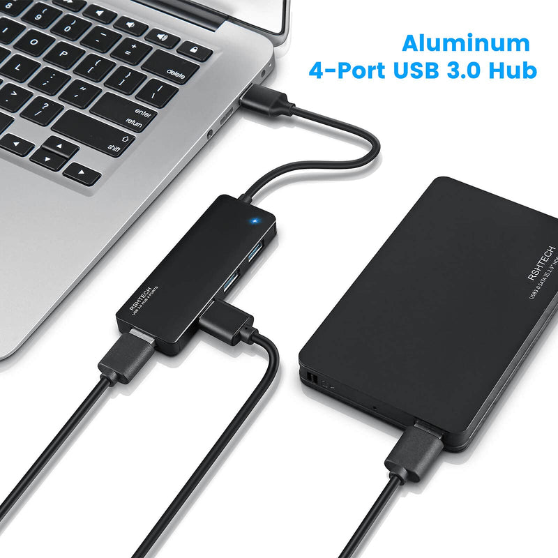 USB Hub 3.0 Splitter RSHTECH Aluminum USB Port Expander Ultra Slim 4 Port USB 3.0 Data Hub for Laptop and PC Black (RSH-336B) Full Black USB 3.0 hub