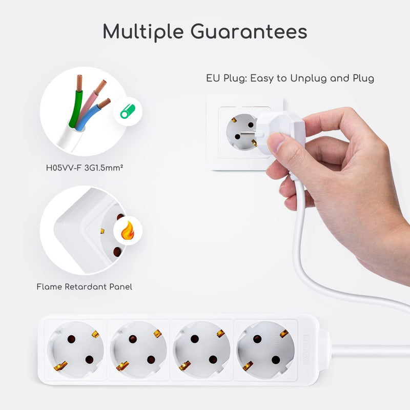 Aigostar power strip 4-way table socket child safety lock 1'5m cable, white