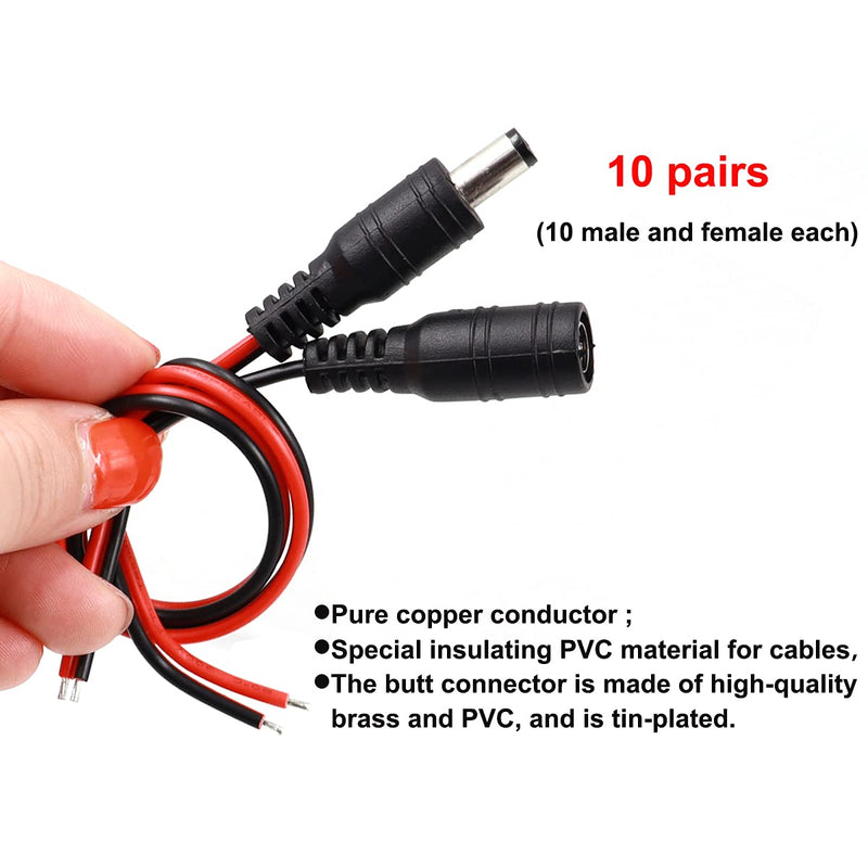 Taiss 10 Pairs 18AWG DC Power Pigtail Cable12V 5A, Used in CCTV Surveillance Camera Pigtail Power Plug Adapter 5.5mm x 2.1mm Male and Female Connectors.F-001-2S-10P