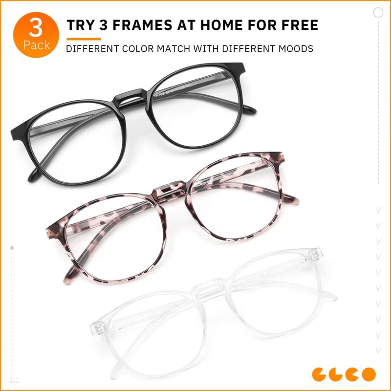 IBOANN 3 Pack Blue Light Blocking Glasses Women/Men, Round Fashion Retro Frame, Vintage Fake Eyeglasses with Clear Lens A1 Light Black & Leopard & Tranparent