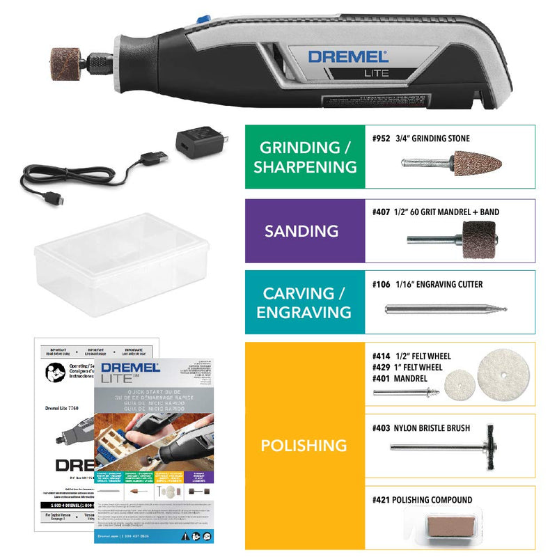Dremel Lite 7760 N/10 4V Li-Ion Cordless Rotary Tool Variable Speed Multi-Purpose Rotary Tool Kit, USB Charging, Easy Accessory Changes - Perfect For Light-Duty DIY & Crafting Rotary Tool 7760-N/10