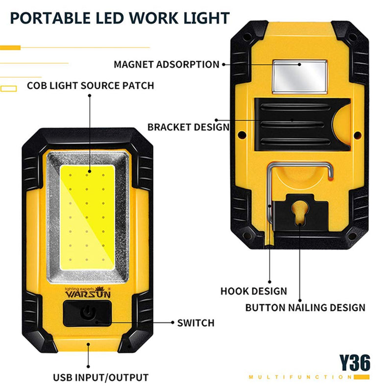 WARSUN Led Work Lights Rechargeable Magnetic Portable Work Light 30w 1200 Lumens for Camping Car Repairing (Yellow+Yellow) Yellow+Yellow