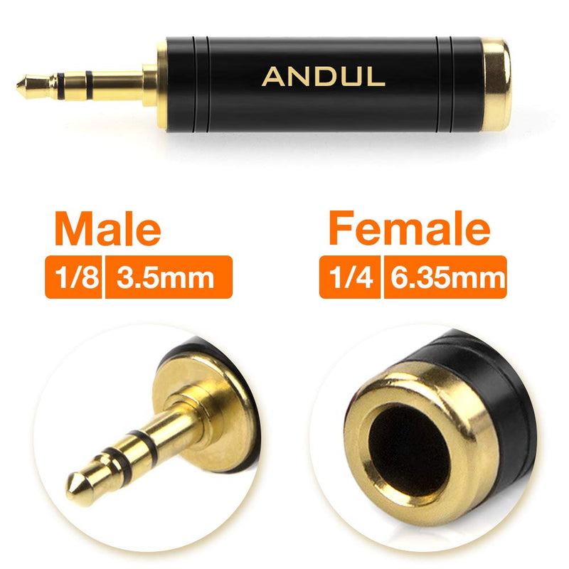 ANDTOBO 1/4'' to 3.5mm Stereo Pure Copper Headphone Adapter,3.5mm(1/8'') Plug Male to 6.35mm (1/4'') Jack Female Stereo Adapter for Headphone, Amp Adapte, Black 2-Pack