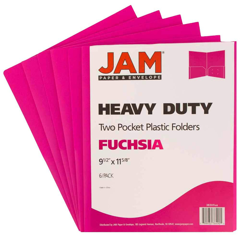 JAM PAPER Heavy Duty Plastic 2 Pocket Extra Tough School Folders - Fuchsia Hot Pink - 6/Pack