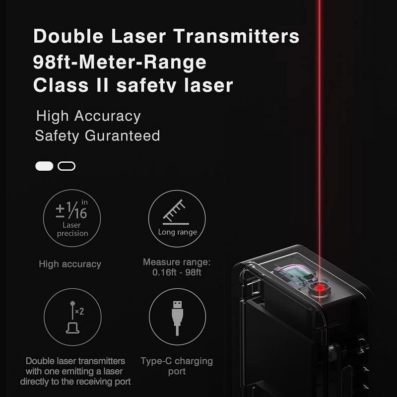 HOTO iRing Laser Tape Measure with Bluetooth, 98ft Digital Tape Measure, ±1/16-inch Accuracy, 2 Modes of The Measurement, Switchable Units M/Ft+in, Type-C Charging