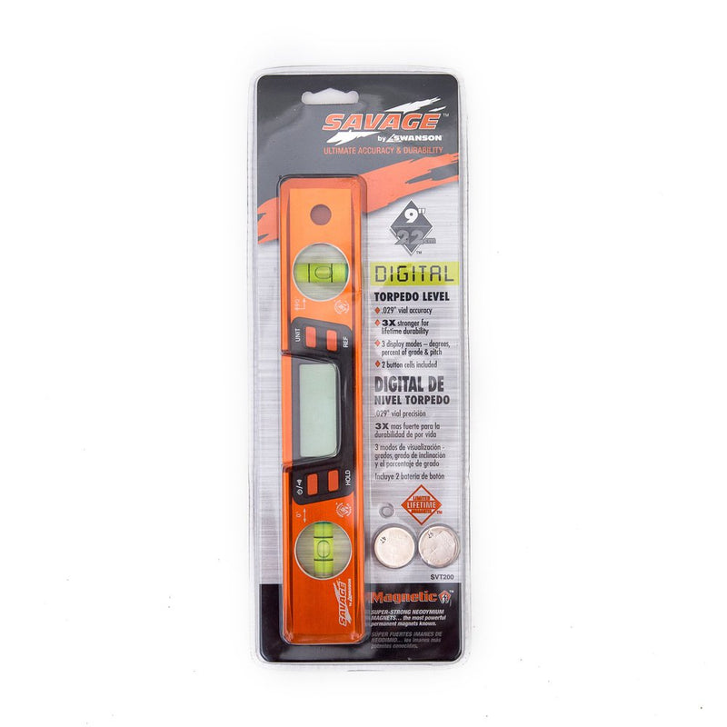 Swanson Tool Co SVT200 9 Inch Savage Digital Magnetic Aluminum Billet Torpedo Level 9" Digital Magnetic