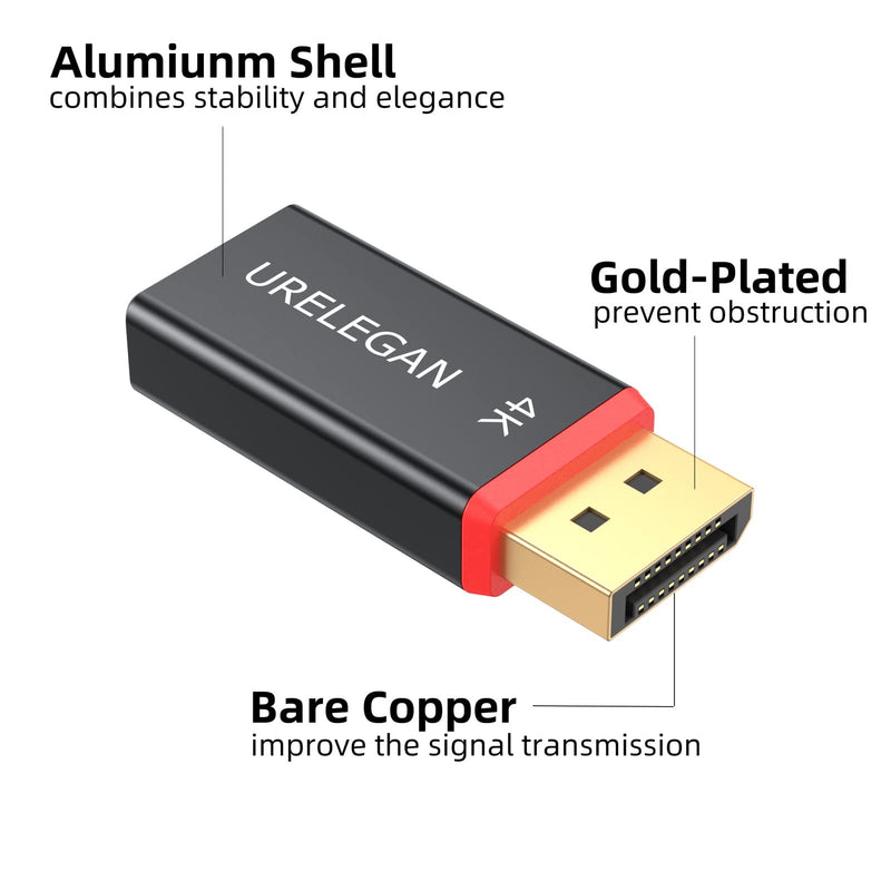DisplayPort to HDMI Adapter 4K UHD 1-Pack (NOT USB), URELEGAN Display Port (DP) to HDMI Converter Aluminum Shell Support Video & Audio Compatible with DisplayPort Source Devices BLACK