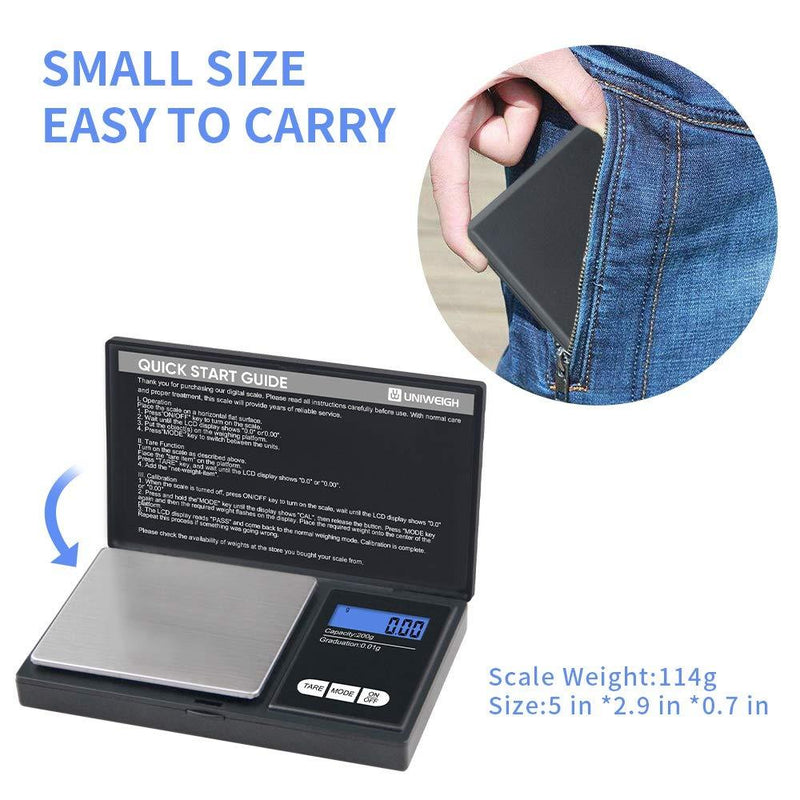 UNIWEIGH Gram Scale,200g 0.01g/0.001oz Digital Pocket Scale,Electronic Smart Weigh Scale,Portable Small Jewelry Scale Grams and Ounces,Mini Weed Scale with LCD Display,Tare