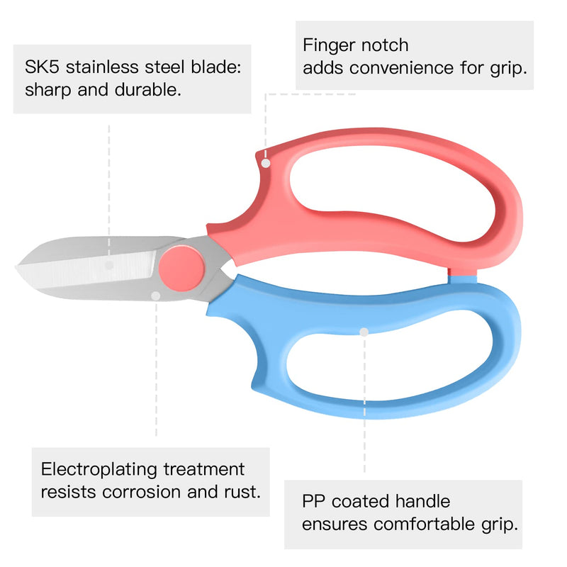 Housolution Floral Shears, Premium Steel Garden Pruning Shears Floral Fruits Leaf Scissors Hand Pruner Snip Trimming Tool for Gardening Flower Arrangement, Light Blue + Pink Turquoise + Pink