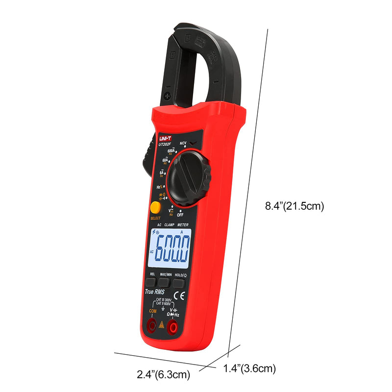 UNI-T UT202F Digital Clamp Meter AC Current TRMS Volt Ohm Amp Meter HVAC Clamp On Multimeter Auto Ranging 6000Counts AC Current Frequency NCV DC AC Voltage Frequency Resistance Continuity Diode Tester