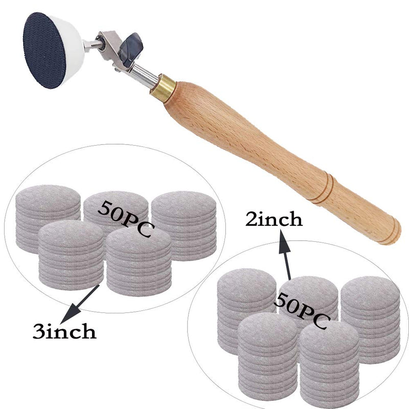 Bowl Sander, Sanding Tool for Woodworking, With 2 Inch and 3inch Hook and Loop Sanding PU Pad and 11.8 Inch Long Hardwood Handle, Total 100 Pcs Sandpaper Discs in Grits 80/120/150/180/240