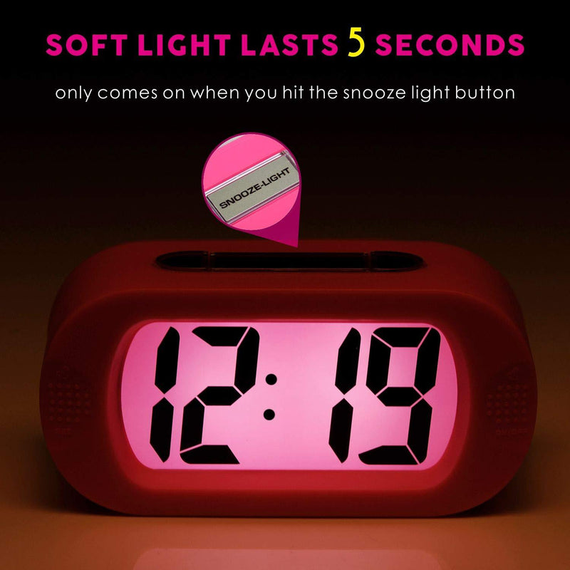 Kids Alarm Clock - Plumeet Large Digital LCD Travel Alarm Clocks with Snooze and Night Light - Ascending Sound and Handheld Sized - Best Gift for Kids (Pink) Pink