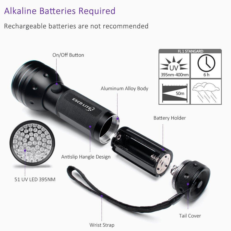 Escolite Black Light UV Flashlight, Escolite UV Lights 51 LED Ultraviolet Blacklight Flashlight Pet Urine Detector, Matching with Pet Odor Eliminator