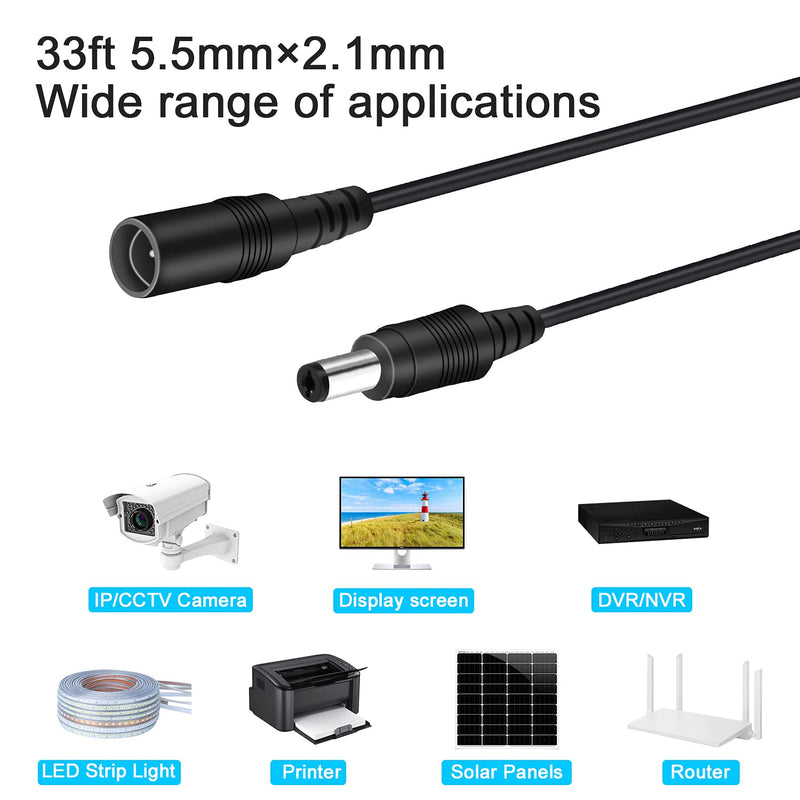 WildHD DC Power Extension Cable 33ft 2.1mm x 5.5mm Compatible with 12V DC Adapter Cord for CCTV Security Camera IP Camera Standalone DVR (5.5mm DC Plug 33ft Black)