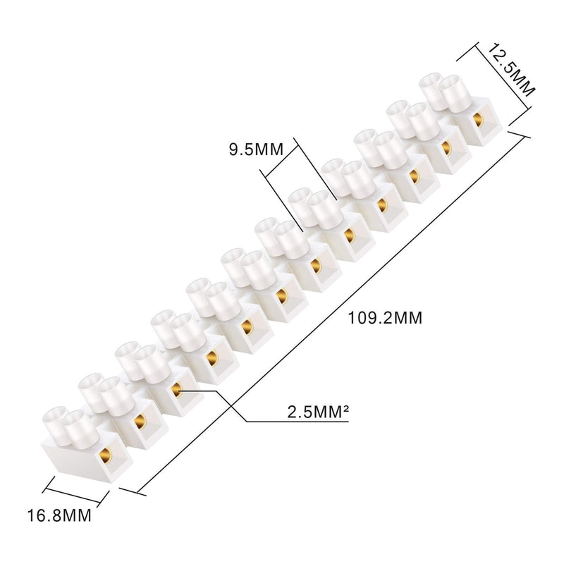 Terminal Block White Screw Terminal Connector Dual Row Electric Barrier Block 12-Position Terminal Strip, 10 Amp 380 V (20) 20