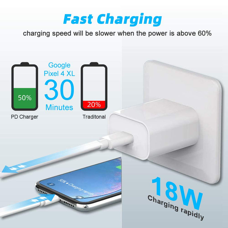 USB C Fast Wall Charger Compatible Google Pixel 6 5 4 XL 4a / 3a XL / 3 / XL / 2, 18W 3A PD Power Adapter and 3.3FT Type C to C Cable