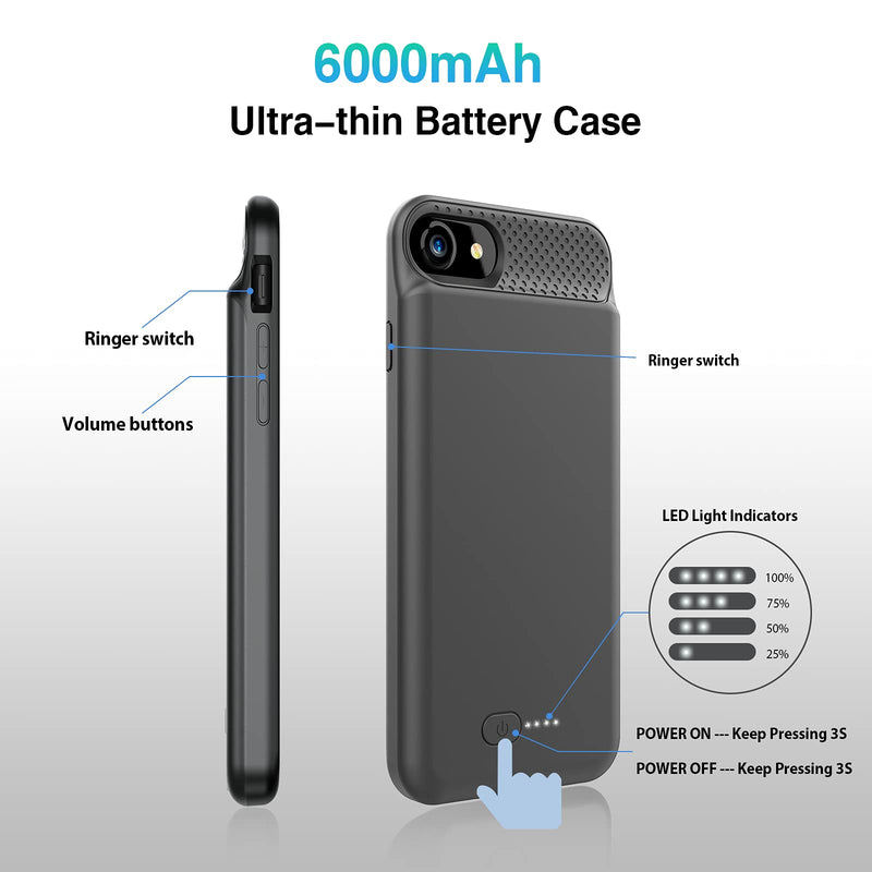 Charging Case for iPhone 8/7/6s/6/SE (2022/2020) - Slim 6000mAh Battery Case with 360°Protection and Rechargeable Extended Battery Charger for 4.7-inch iPhone8/7/6S/6/SE(3rd & 2nd Generation), Black