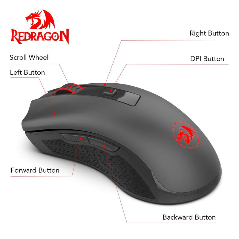 Redragon M652 Optical 2.4G Wireless Mouse with USB Receiver, Portable Gaming & Office Mice, 5 Adjustable DPI Levels, 6 Buttons for Desktop, MacBook, Notebook, PC, Laptop, Computer Black