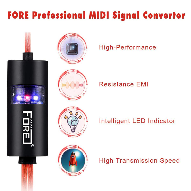 FORE MIDI to USB Interface MIDI Cable Adapter with Input&Output Connecting with Keyboard/Synthesizer for Editing&Recording Track Work with Windows/Mac OS for Studio USB 2.0 Color Red - 6.5Ft