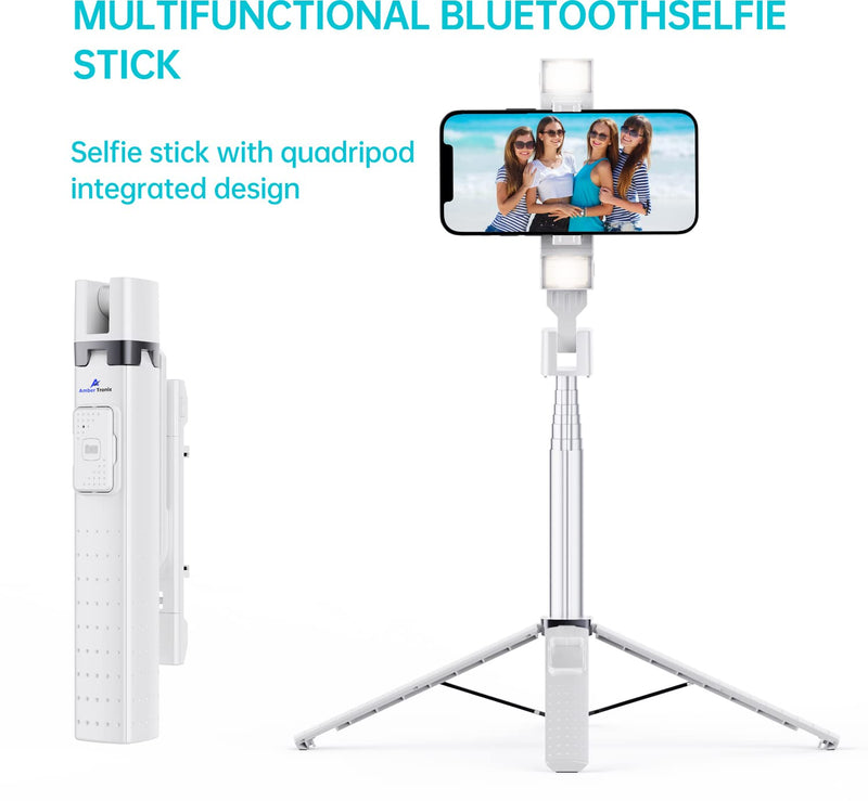 Ambertronix Selfie Stick Quadrapod with Square Lights and Bluetooth Remote, Aluminum 40 Inch, 3 Light Modes, 9 Brightness Levels, Compatible with All iPhone & Android Devices (2022 Upgrade) Silver