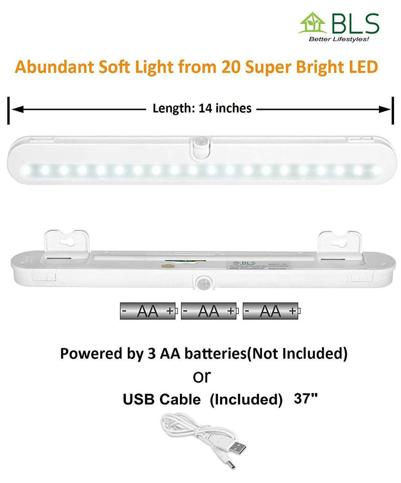 T01L LED Closet Light - BLS Super Bright 20 LED Under Cabinet Lighting Battery Powered/DC Input Wireless Motion Sensing Light, Auto On Off Switch, Motion Sensor & Light Sensor, Light Beam Adjustable White