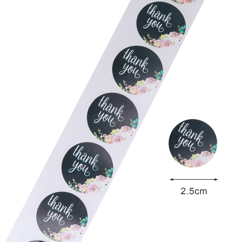 Thank You Stickers Roll, 500 PCS Per Roll Black Floral Thank You Lables Stickers for Business, Greeting Cards, Gift Wraps, Flower Bouquets Decoration