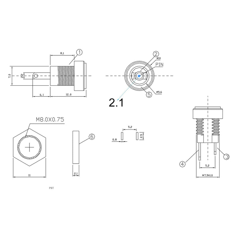 DIYhz 5.5x2.1mm 2 Pins DC Power Jack Female Panel Mounting Connector Socket 20 Pieces