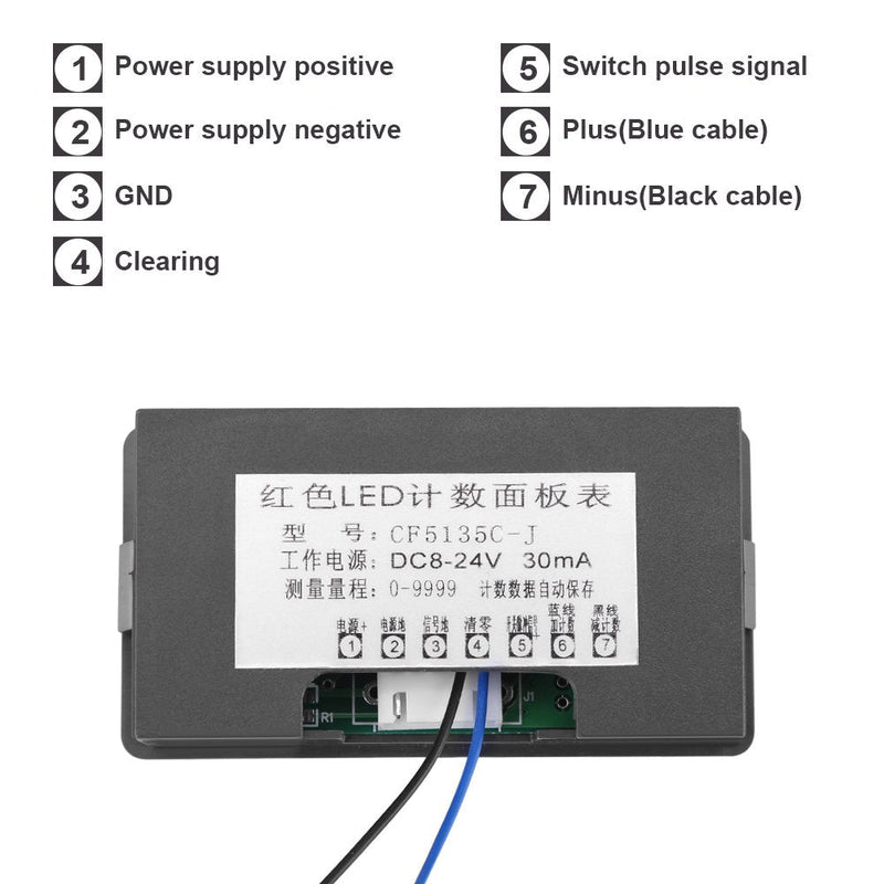 Digit Counter, DC 8-24V 4 Digit LED Digital Display 0-9999 Up/Down Plus/Minus Panel Counter Meter with Cable (Blue)