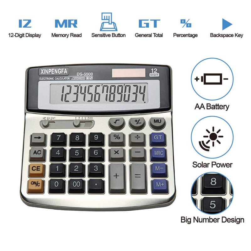 XINPENGFA Office Calculator, Solar and Battery Dual Power, Metal Surface 12 Digit Calculators Large Display Big LCD,and Large Button 1PACK Metallic